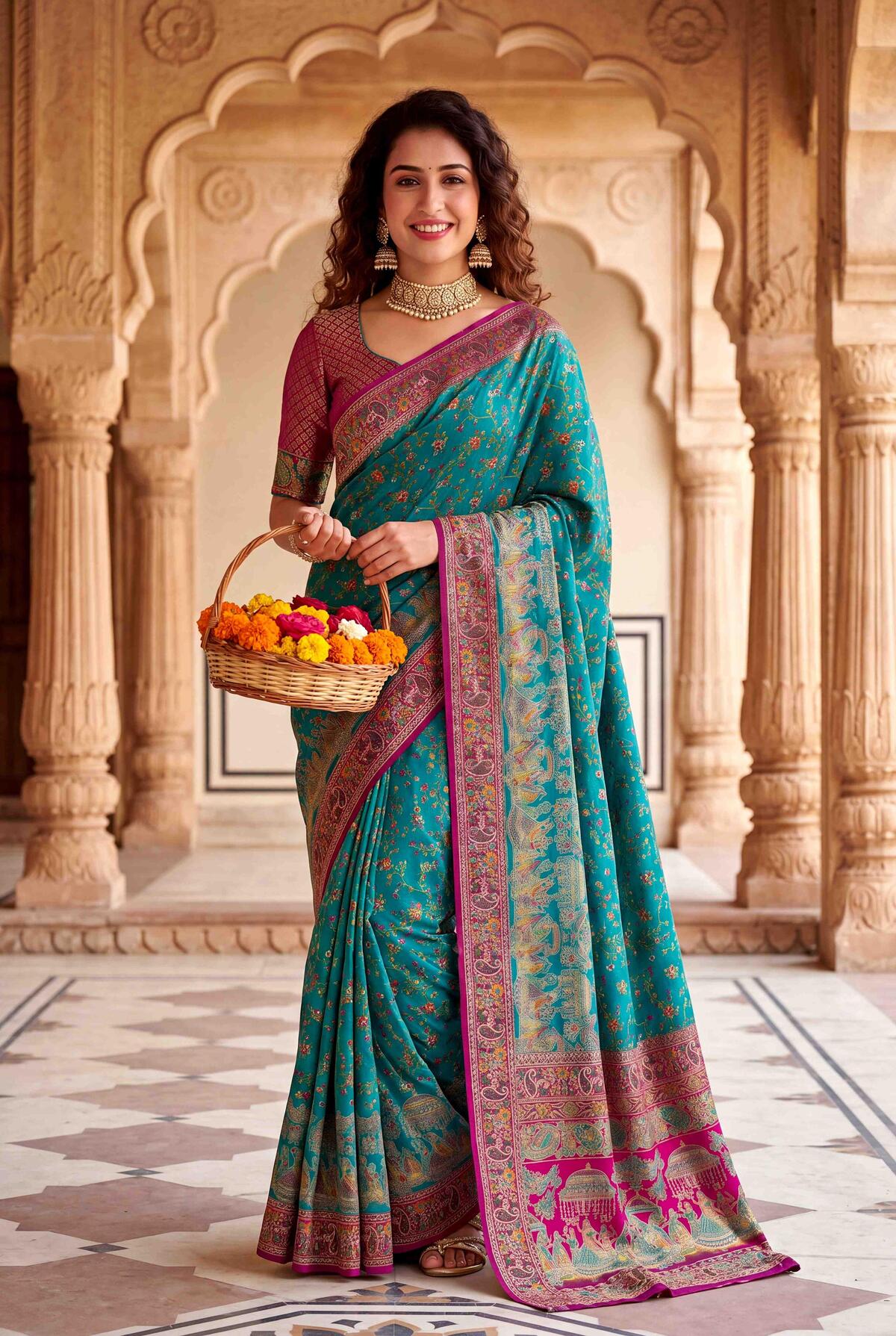 Adorable Rama Pashmina Silk Saree With Splendiferous Blouse Piece