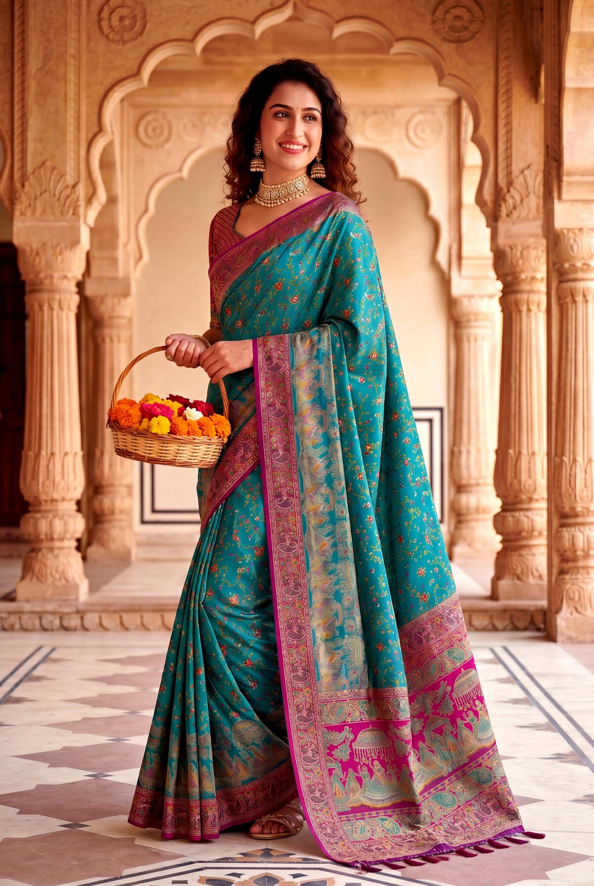 Adorable Rama Pashmina Silk Saree With Splendiferous Blouse Piece