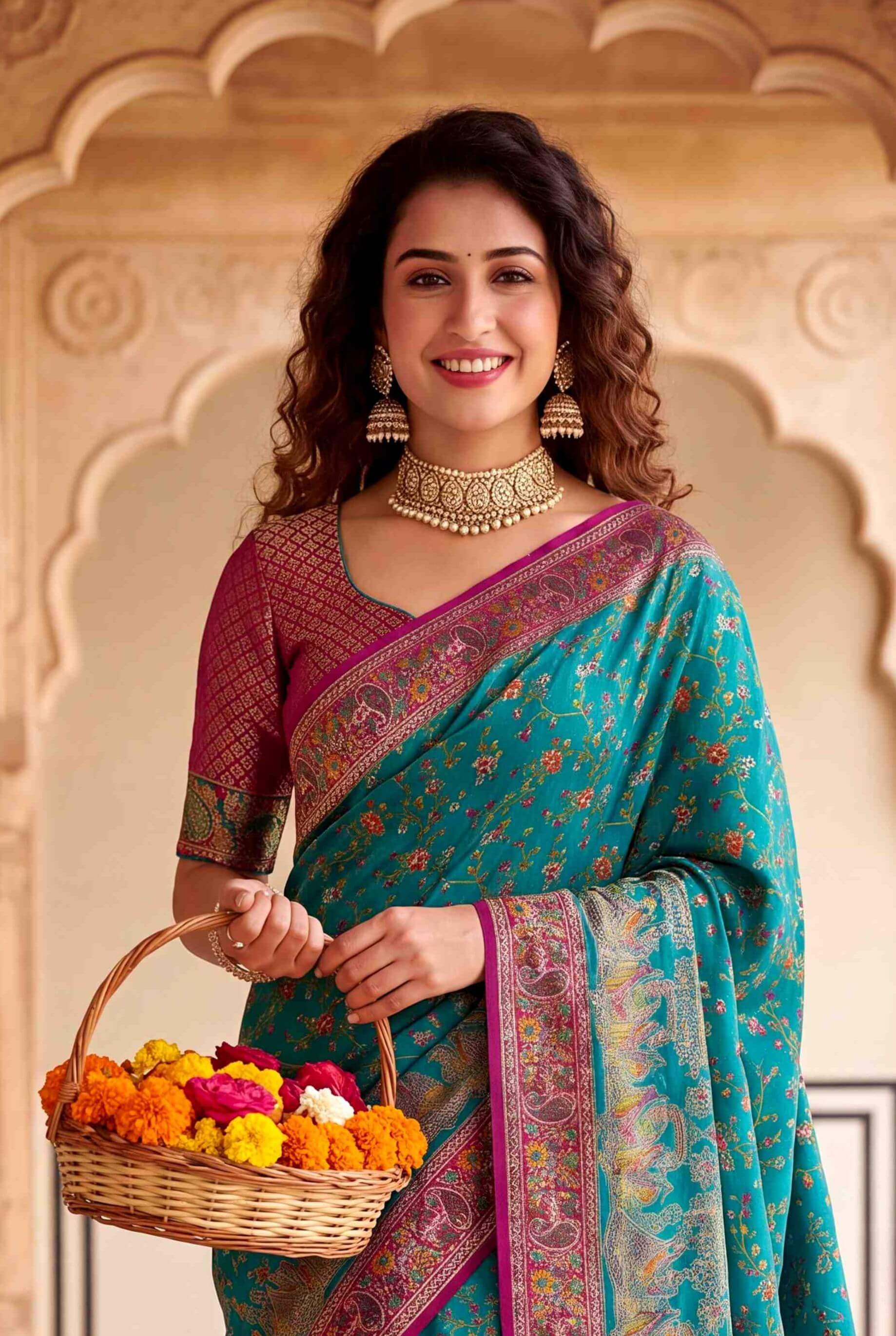 Adorable Rama Pashmina Silk Saree With Splendiferous Blouse Piece