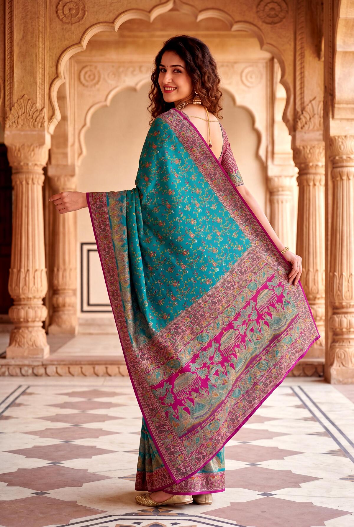 Adorable Rama Pashmina Silk Saree With Splendiferous Blouse Piece
