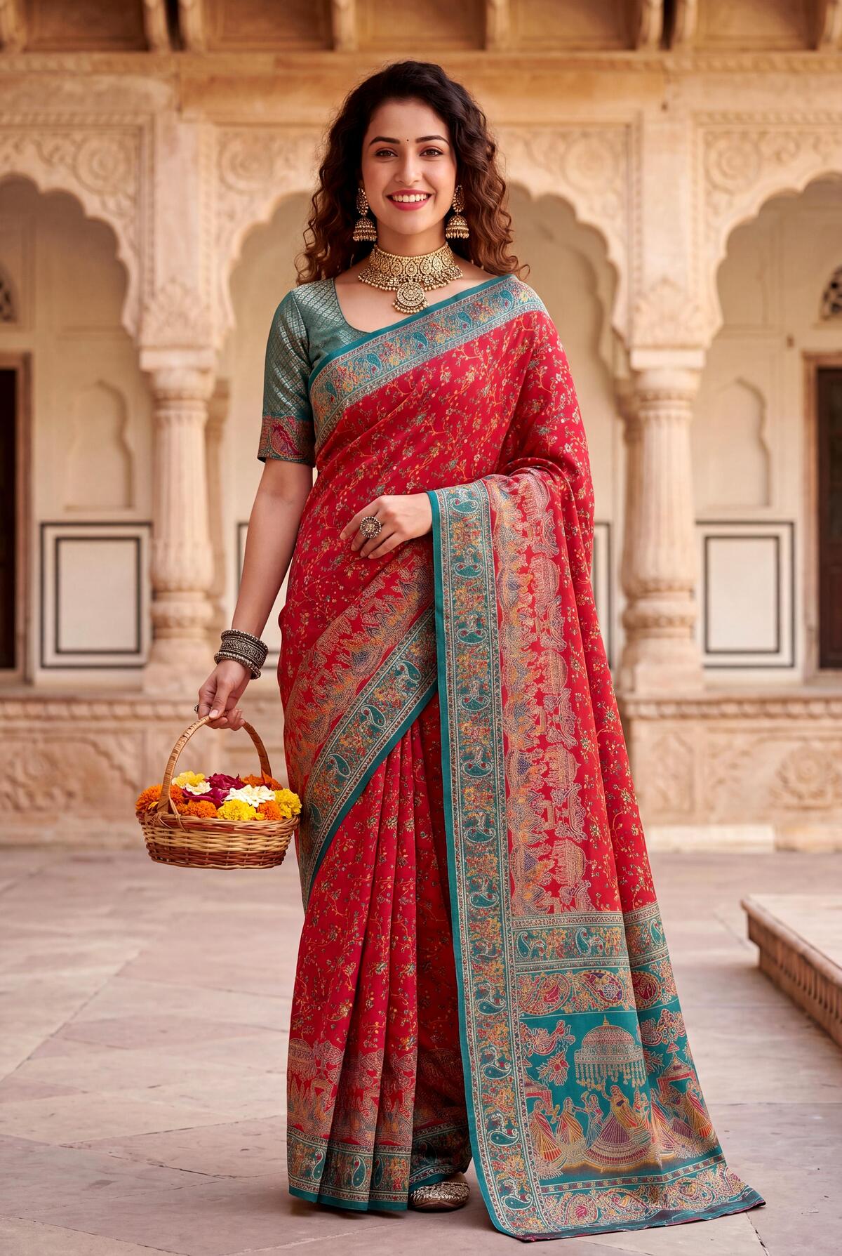 Eclat Red Pashmina Silk Saree With Fantabulous Blouse Piece