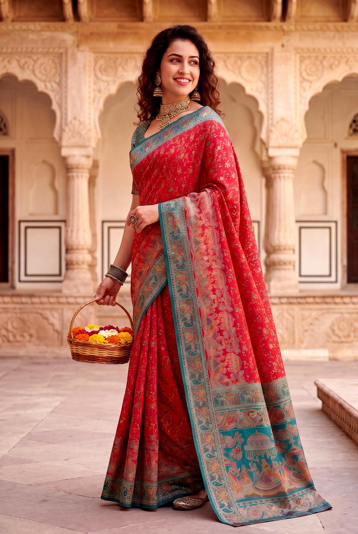 Eclat Red Pashmina Silk Saree With Fantabulous Blouse Piece