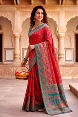 Eclat Red Pashmina Silk Saree With Fantabulous Blouse Piece