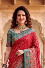 Eclat Red Pashmina Silk Saree With Fantabulous Blouse Piece