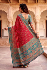Eclat Red Pashmina Silk Saree With Fantabulous Blouse Piece