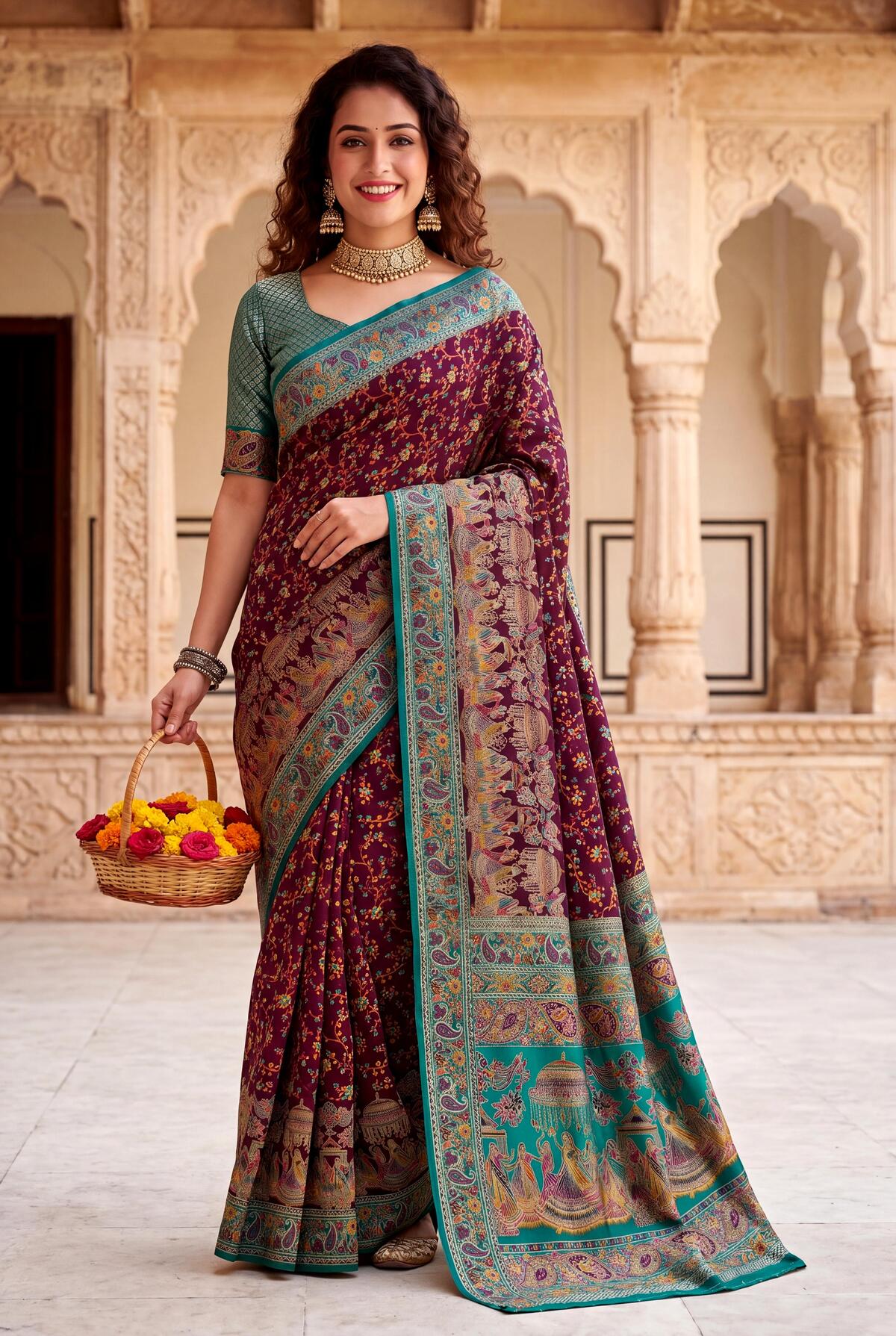 Magnetic Wine Pashmina Silk Saree With Prominent Blouse Piece