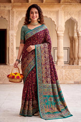 Magnetic Wine Pashmina Silk Saree With Prominent Blouse Piece