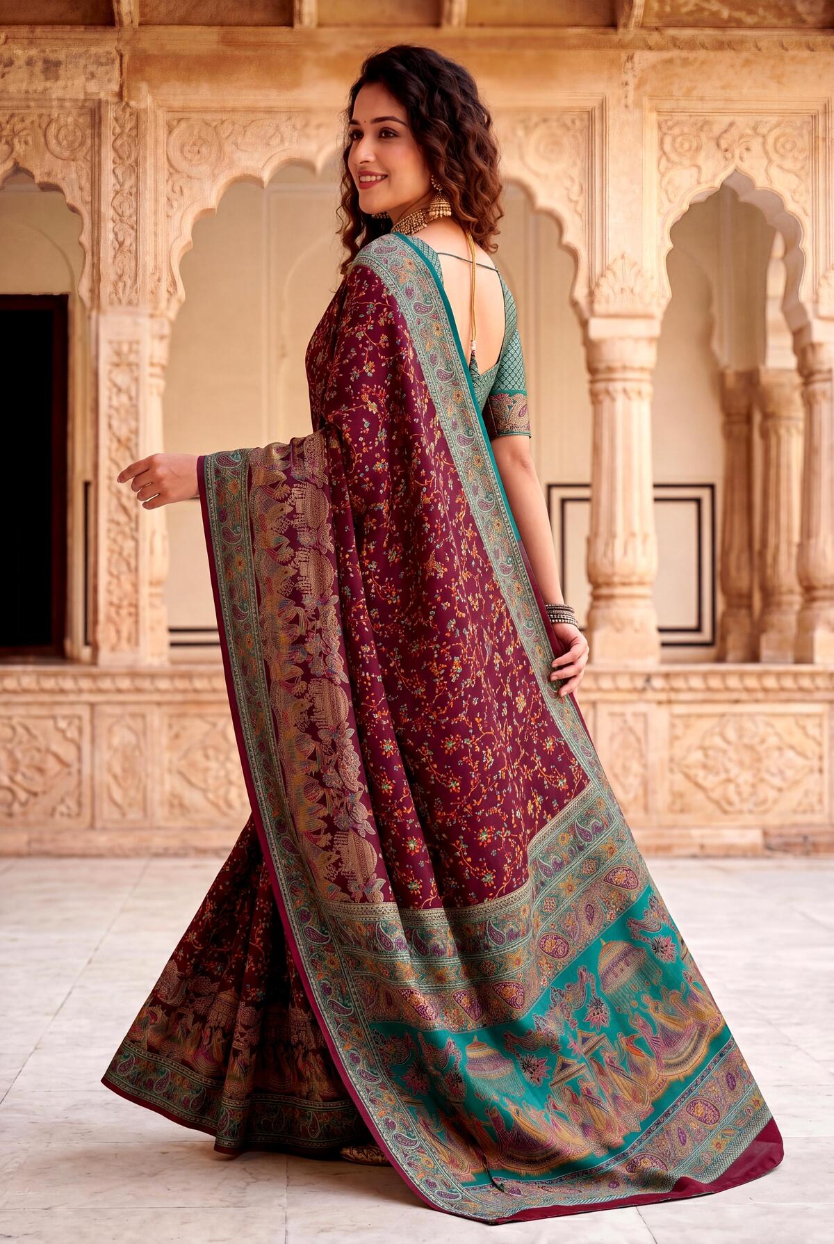 Magnetic Wine Pashmina Silk Saree With Prominent Blouse Piece