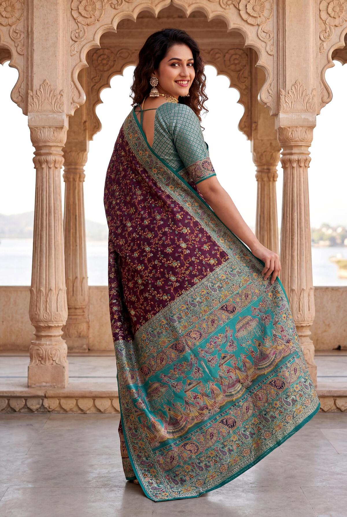 Magnetic Wine Pashmina Silk Saree With Prominent Blouse Piece