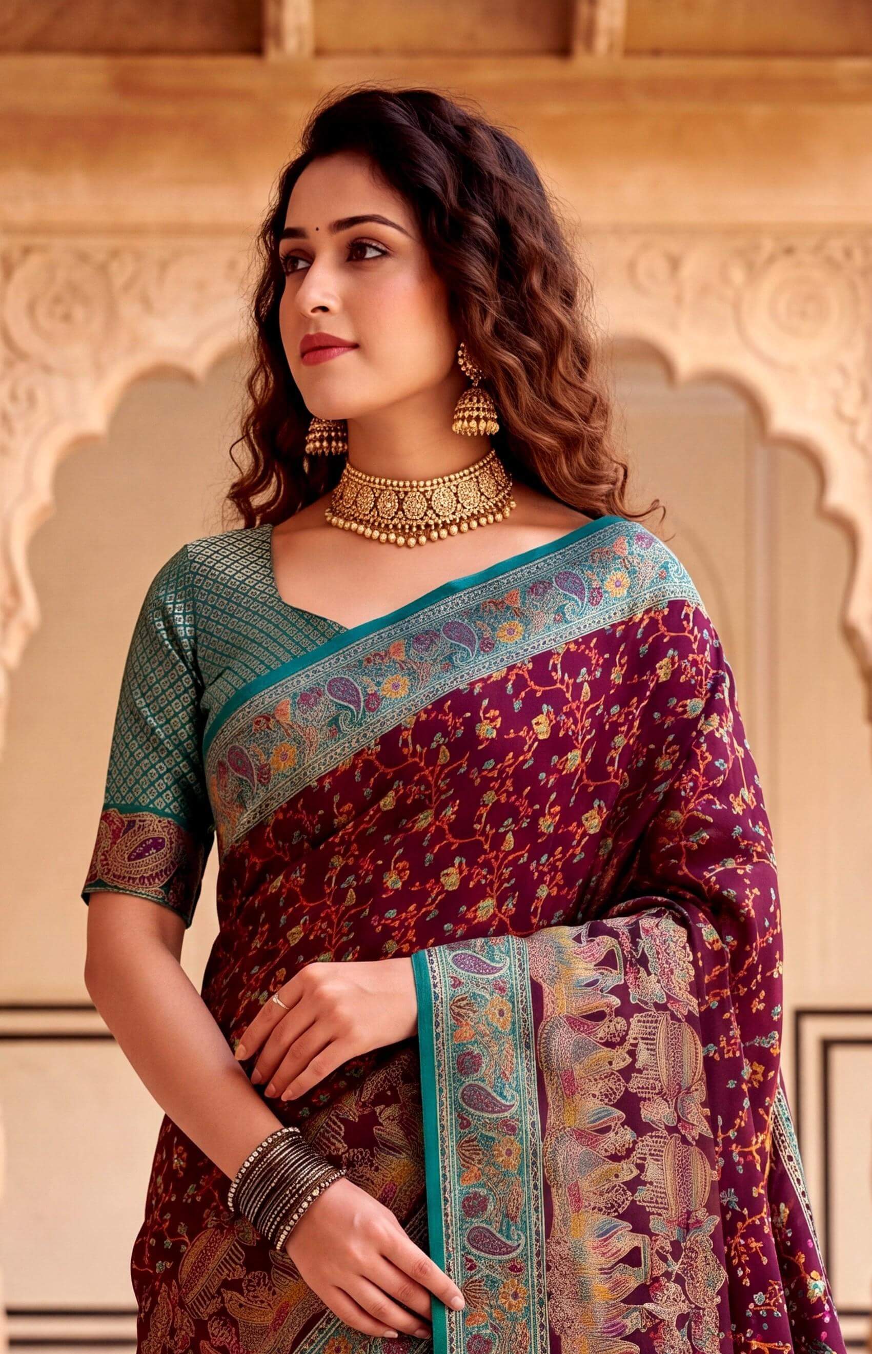 Magnetic Wine Pashmina Silk Saree With Prominent Blouse Piece