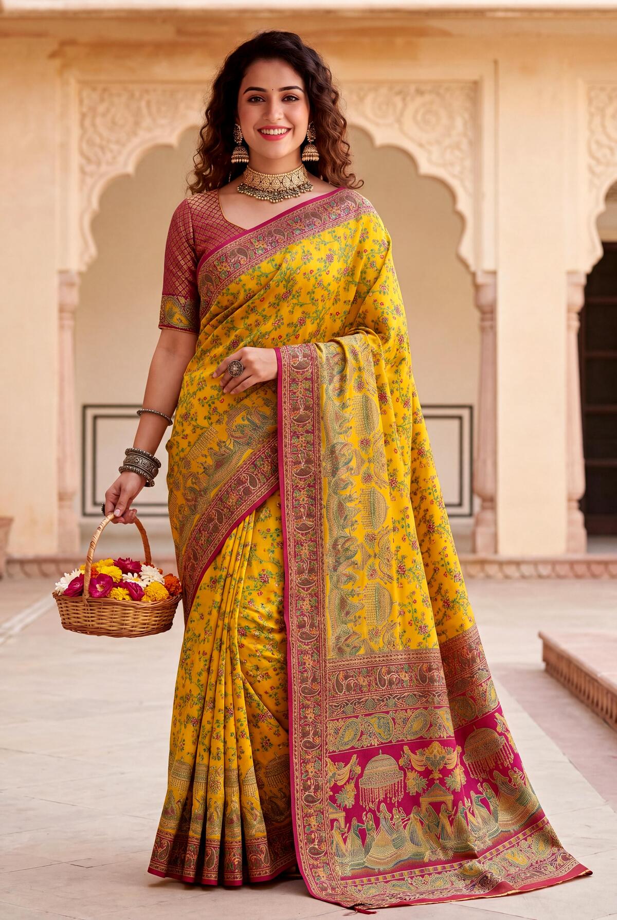 Opulent Yellow Pashmina Silk Saree With Pleasant Blouse Piece