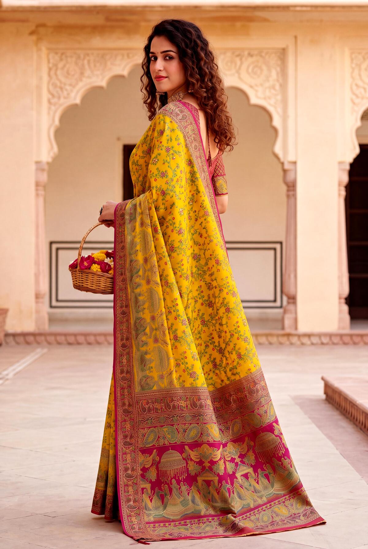 Opulent Yellow Pashmina Silk Saree With Pleasant Blouse Piece