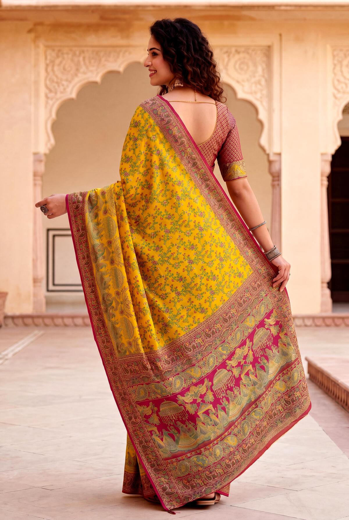 Opulent Yellow Pashmina Silk Saree With Pleasant Blouse Piece