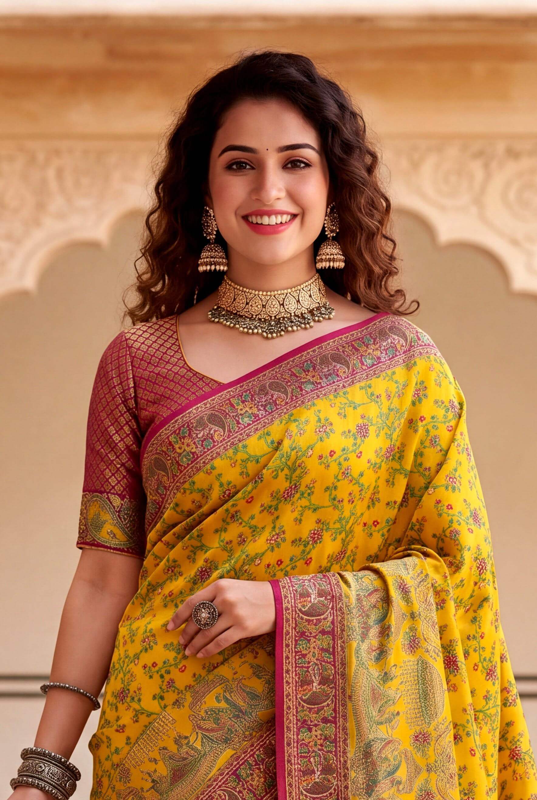 Opulent Yellow Pashmina Silk Saree With Pleasant Blouse Piece