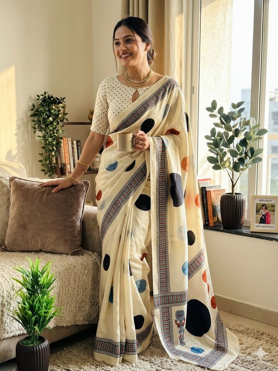 Bucolic Beige Digital Printed Satin Silk Saree With Fancifull Blouse Piece