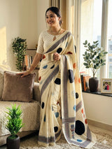 Bucolic Beige Digital Printed Satin Silk Saree With Fancifull Blouse Piece