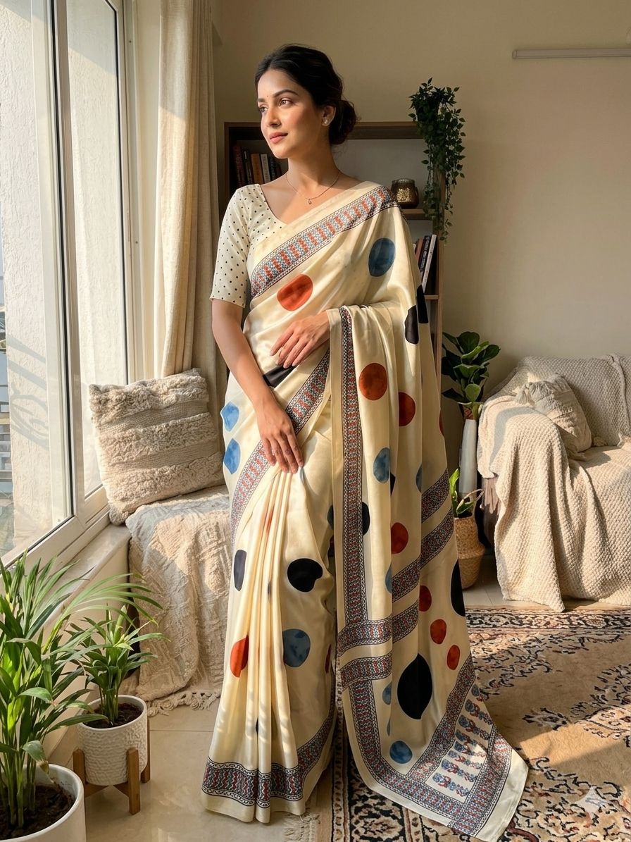 Bucolic Beige Digital Printed Satin Silk Saree With Fancifull Blouse Piece