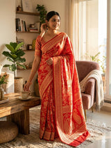 Flaunt Red Soft Silk Saree With Rhapsodic Blouse Piece