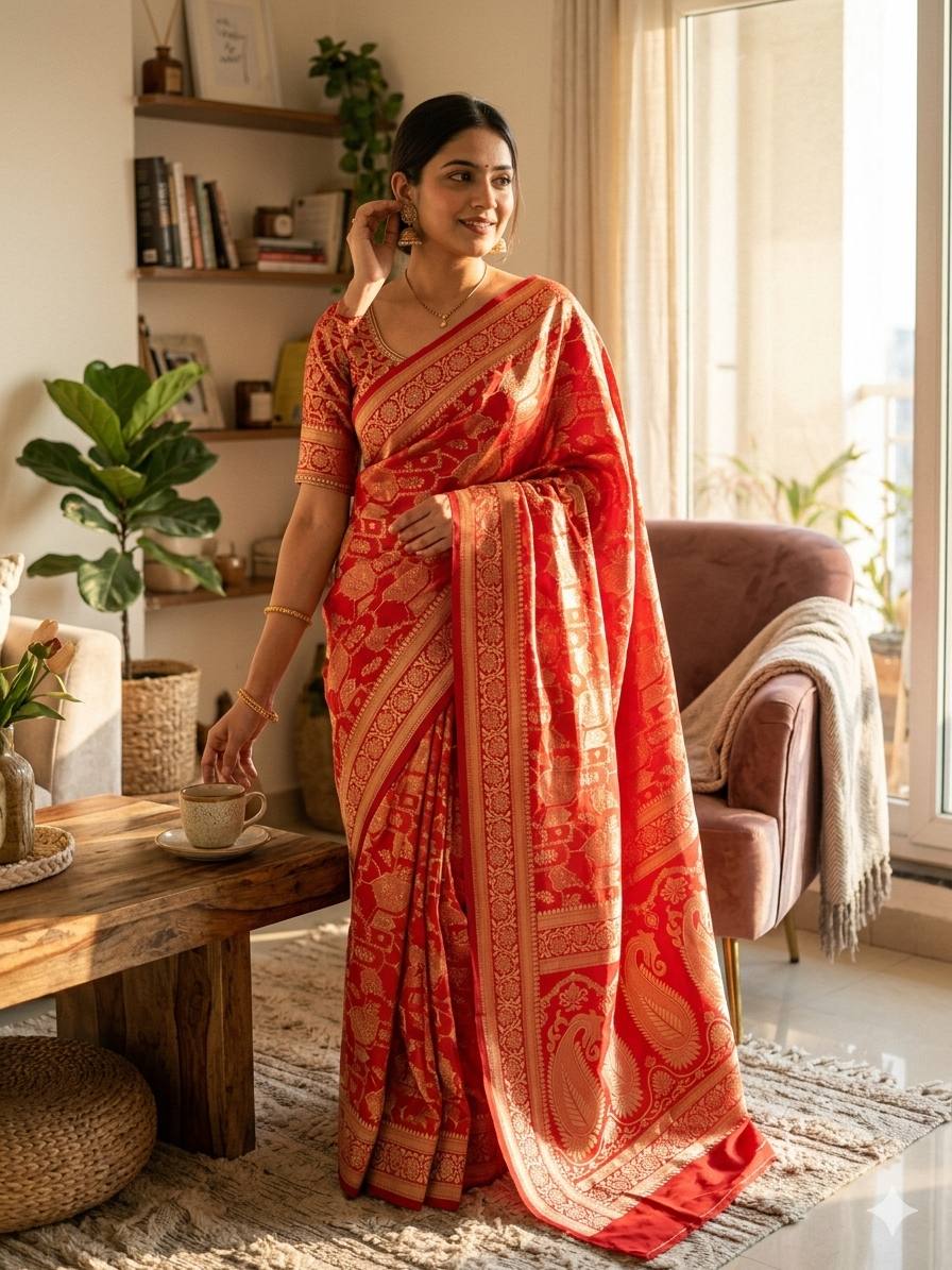 Flaunt Red Soft Silk Saree With Rhapsodic Blouse Piece
