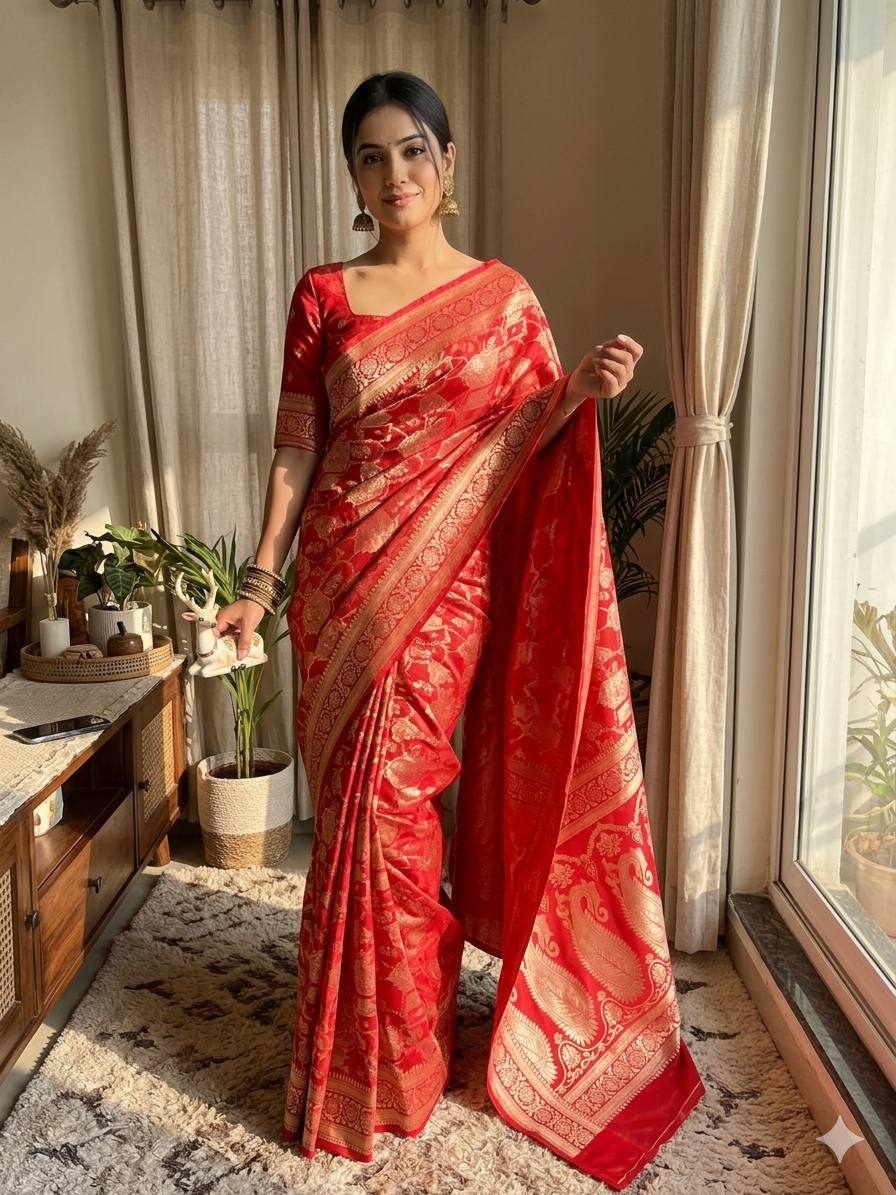 Flaunt Red Soft Silk Saree With Rhapsodic Blouse Piece