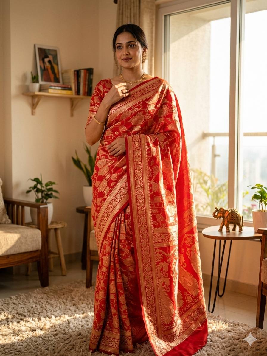 Flaunt Red Soft Silk Saree With Rhapsodic Blouse Piece