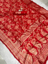 Flaunt Red Soft Silk Saree With Rhapsodic Blouse Piece