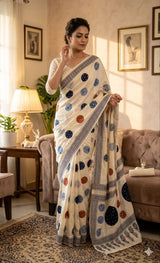 Admirable Beige Printed Mirror Work Satin Silk Saree With Mesmerising Blouse Piece