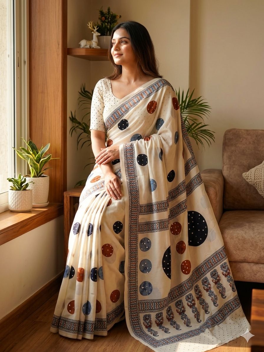 Admirable Beige Printed Mirror Work Satin Silk Saree With Mesmerising Blouse Piece