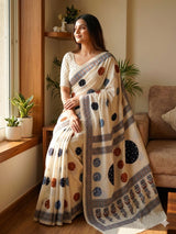 Admirable Beige Printed Mirror Work Satin Silk Saree With Mesmerising Blouse Piece