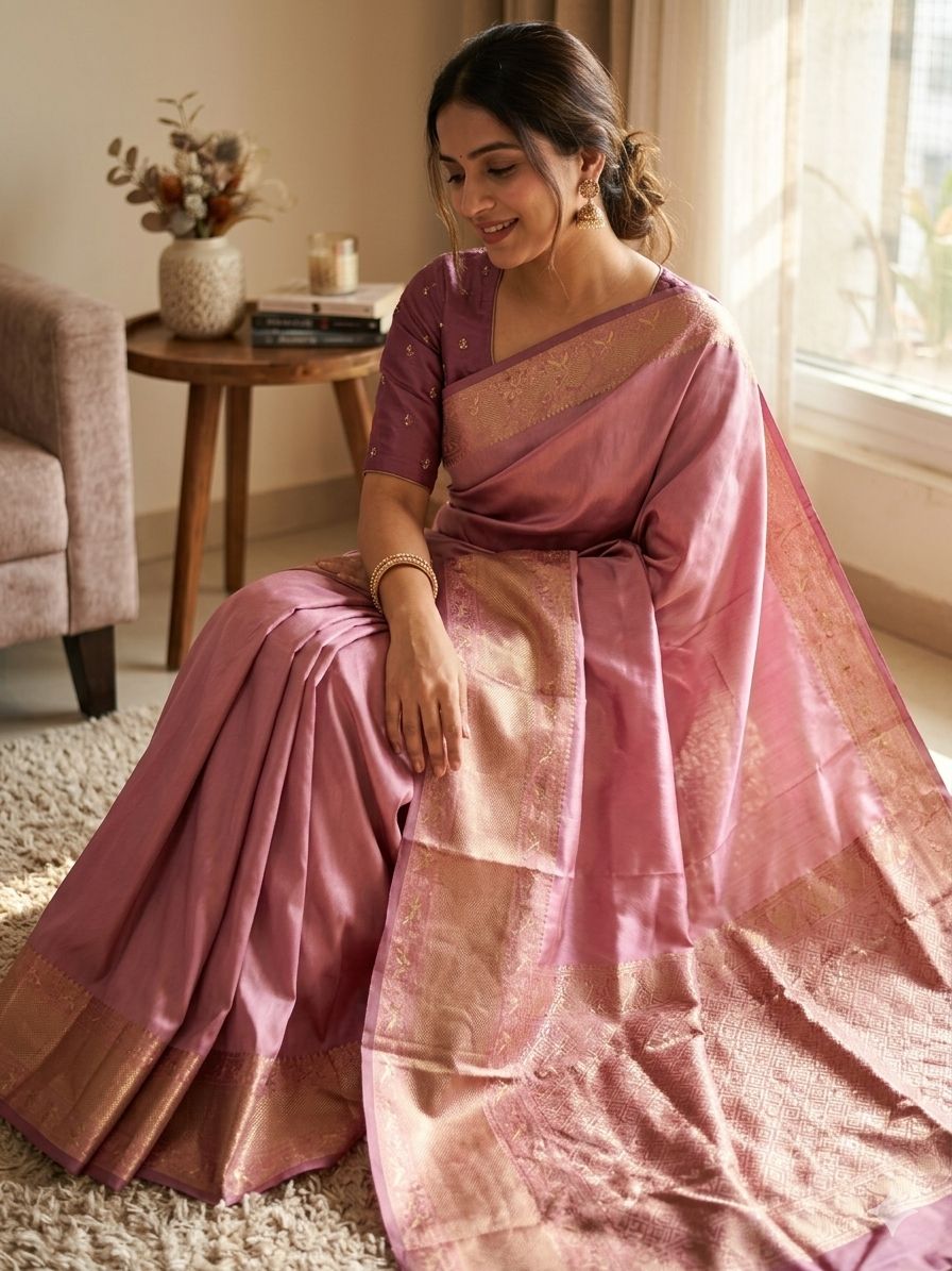 Elision Pink Soft Silk Saree With Dissemble Blouse Piece