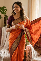 Delightful Orange Soft Silk Saree With Prettiest Blouse Piece
