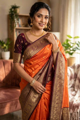Delightful Orange Soft Silk Saree With Prettiest Blouse Piece