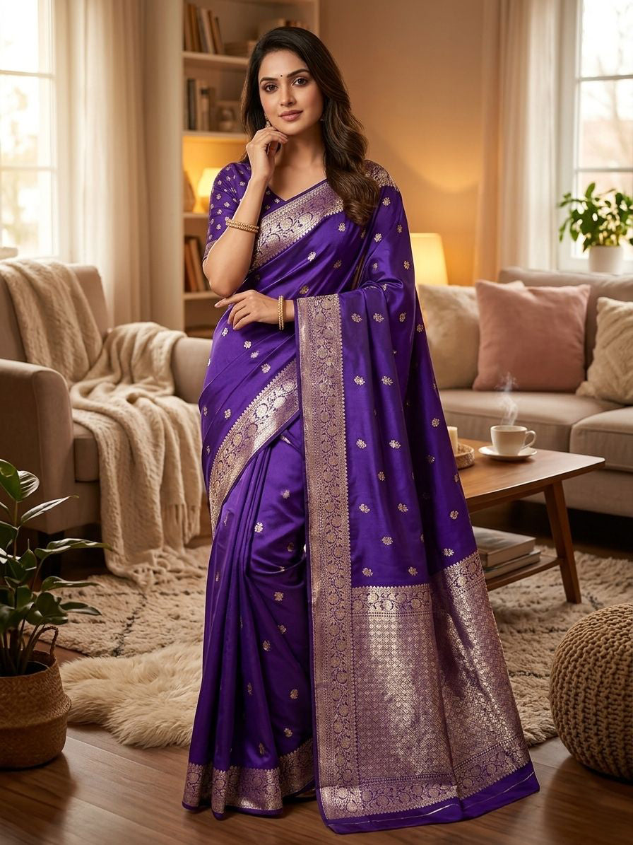 Nectarous Royal Blue Soft Silk Saree With Snazzy Blouse Piece