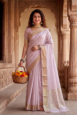 Ineffable Baby Pink Zari Weaving Linen Silk Saree With Blissful Blouse Piece