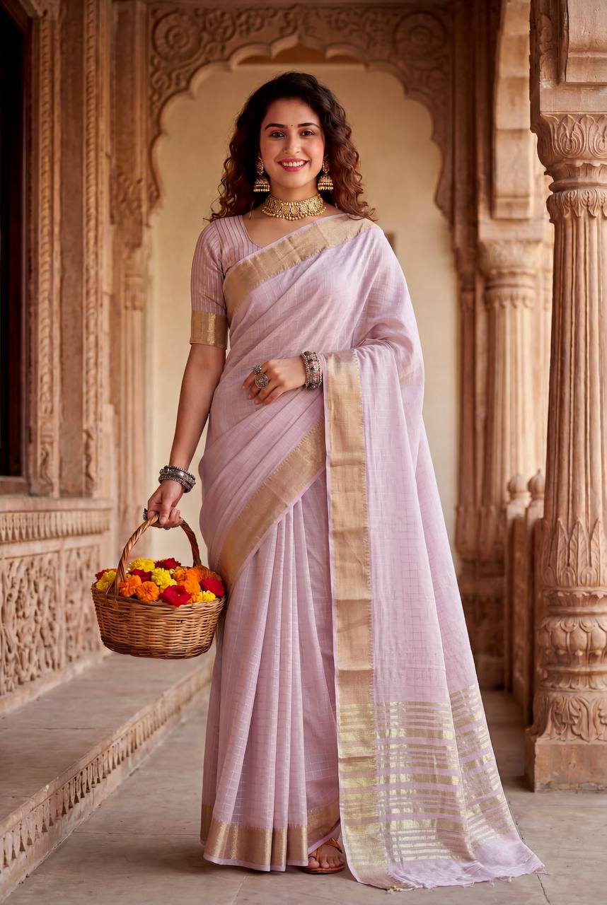 Ineffable Baby Pink Zari Weaving Linen Silk Saree With Blissful Blouse Piece