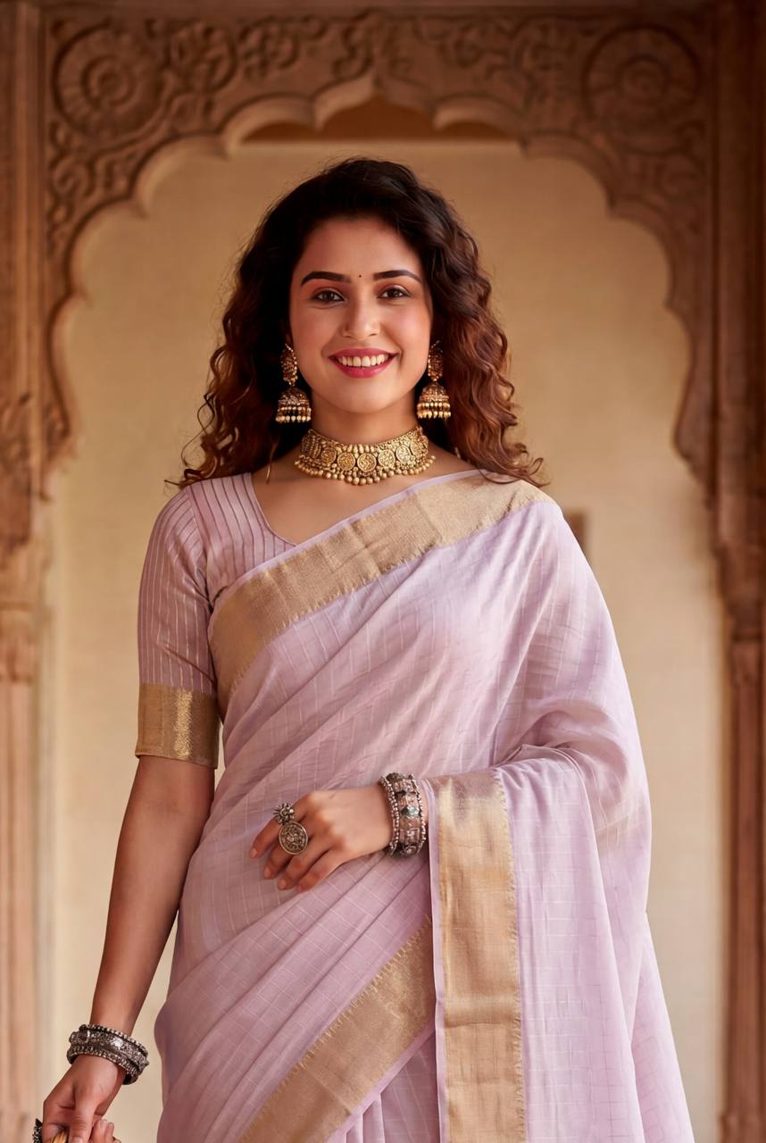 Ineffable Baby Pink Zari Weaving Linen Silk Saree With Blissful Blouse Piece