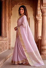 Ineffable Baby Pink Zari Weaving Linen Silk Saree With Blissful Blouse Piece