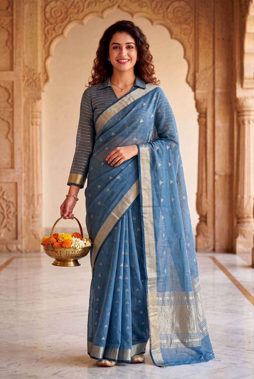 Prodigal Blue Zari Weaving Linen Silk Saree With Redolent Blouse Piece