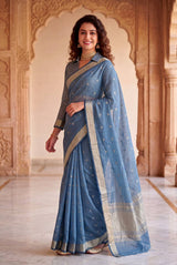Prodigal Blue Zari Weaving Linen Silk Saree With Redolent Blouse Piece