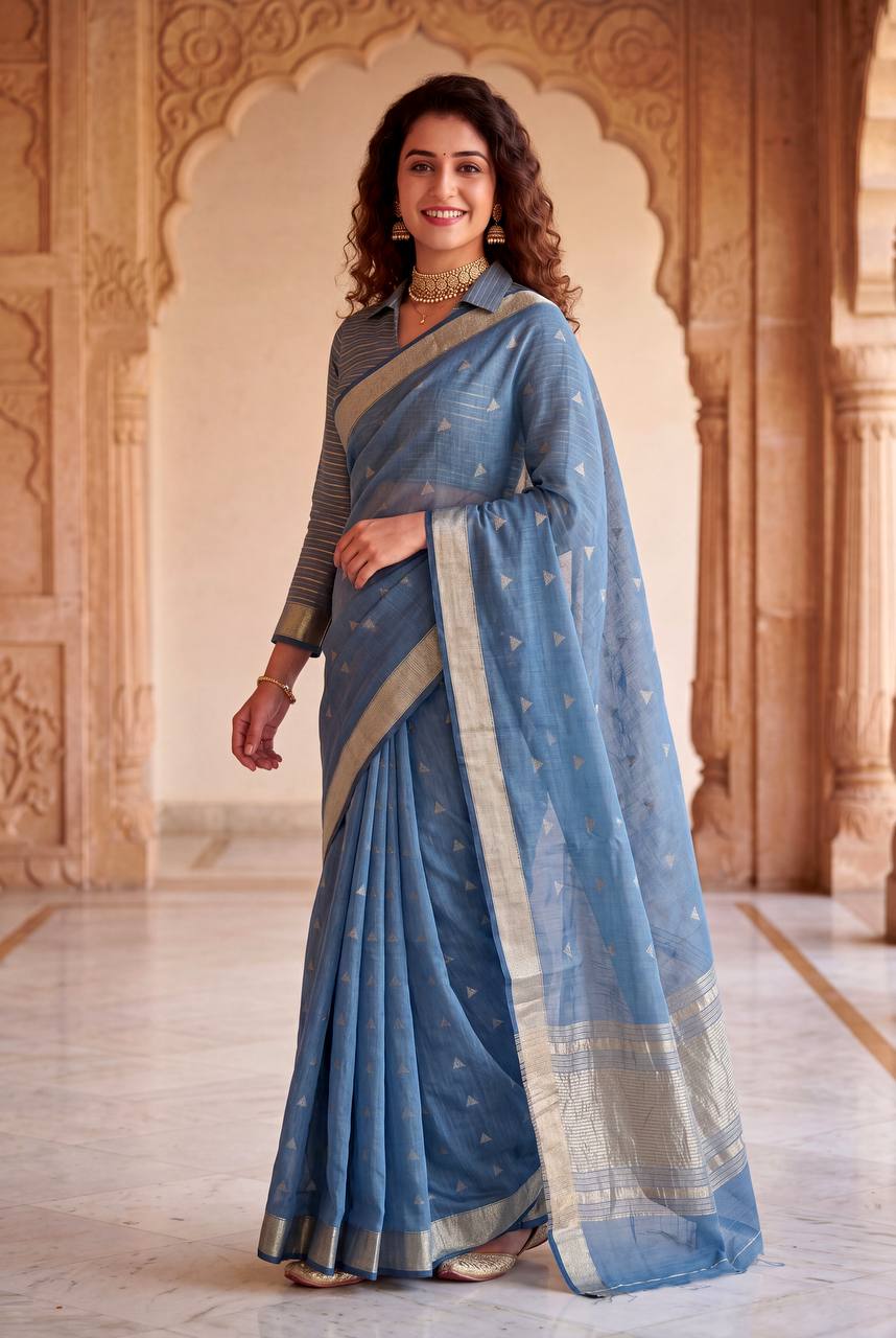 Prodigal Blue Zari Weaving Linen Silk Saree With Redolent Blouse Piece
