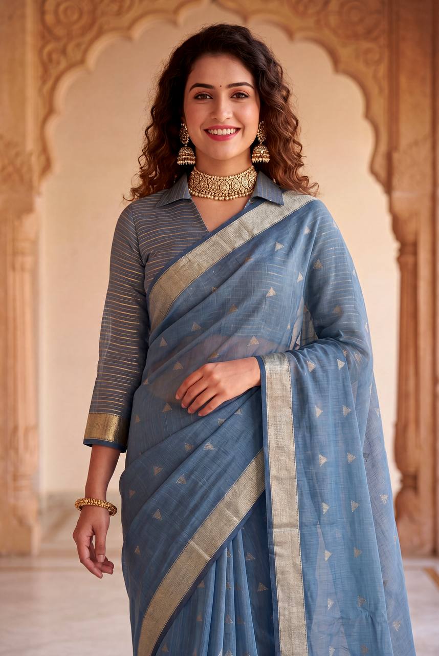 Prodigal Blue Zari Weaving Linen Silk Saree With Redolent Blouse Piece