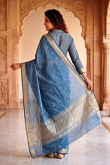 Prodigal Blue Zari Weaving Linen Silk Saree With Redolent Blouse Piece