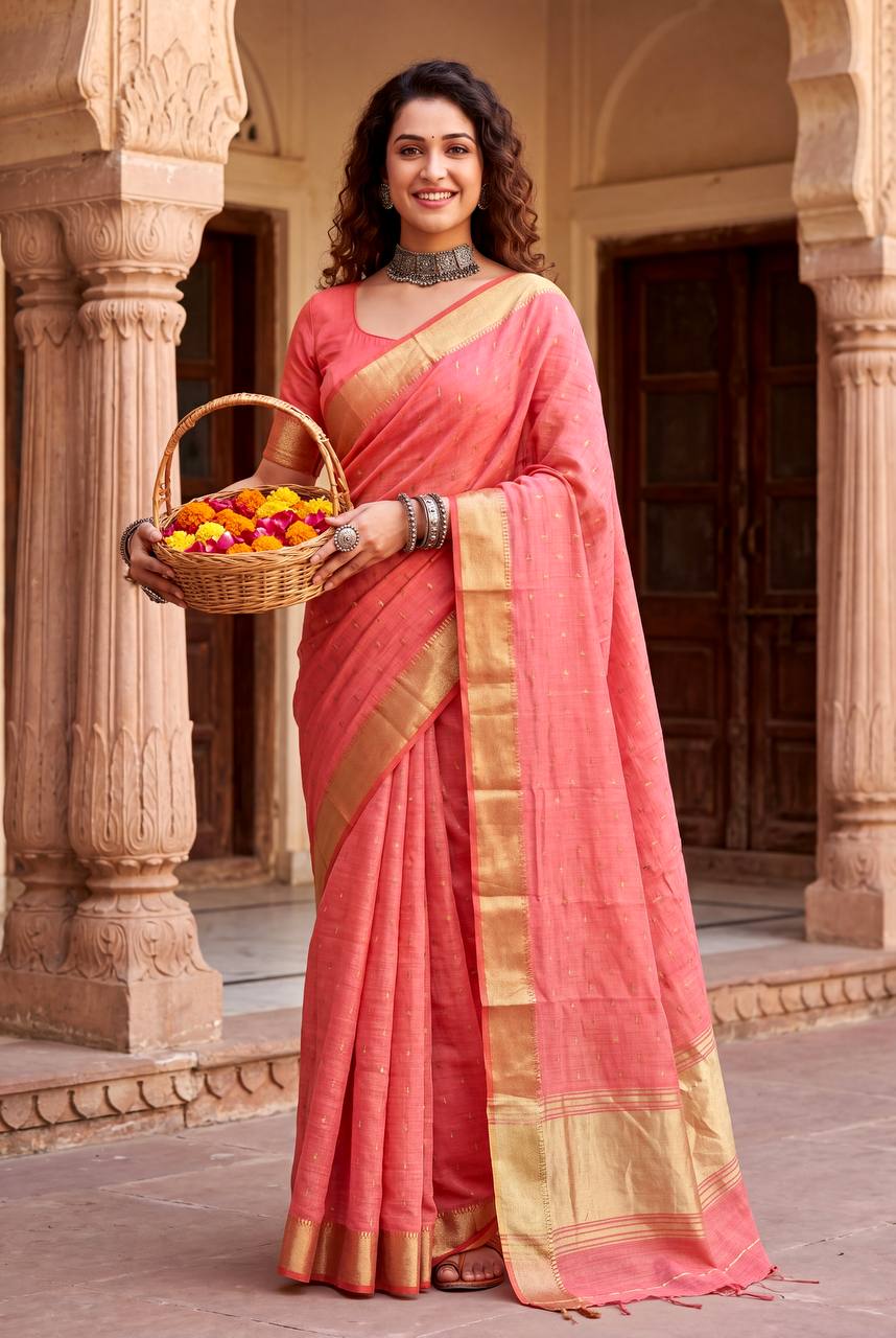 Intricate Peach Zari Weaving Linen Silk Saree With Improbable Blouse Piece