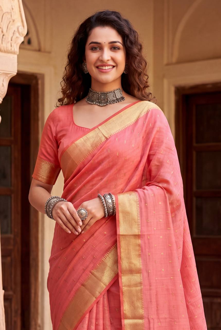 Intricate Peach Zari Weaving Linen Silk Saree With Improbable Blouse Piece