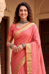 Intricate Peach Zari Weaving Linen Silk Saree With Improbable Blouse Piece