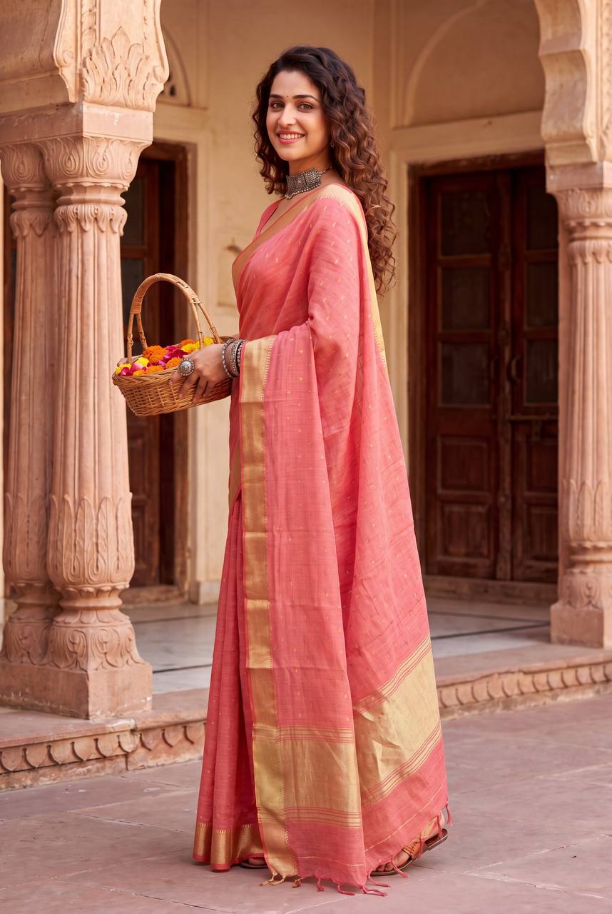 Intricate Peach Zari Weaving Linen Silk Saree With Improbable Blouse Piece