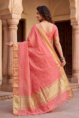 Intricate Peach Zari Weaving Linen Silk Saree With Improbable Blouse Piece