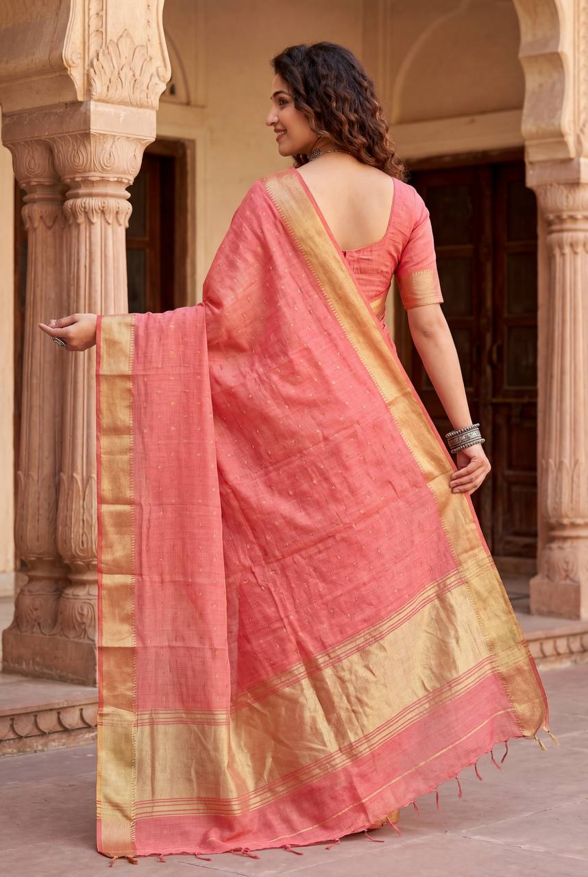 Intricate Peach Zari Weaving Linen Silk Saree With Improbable Blouse Piece