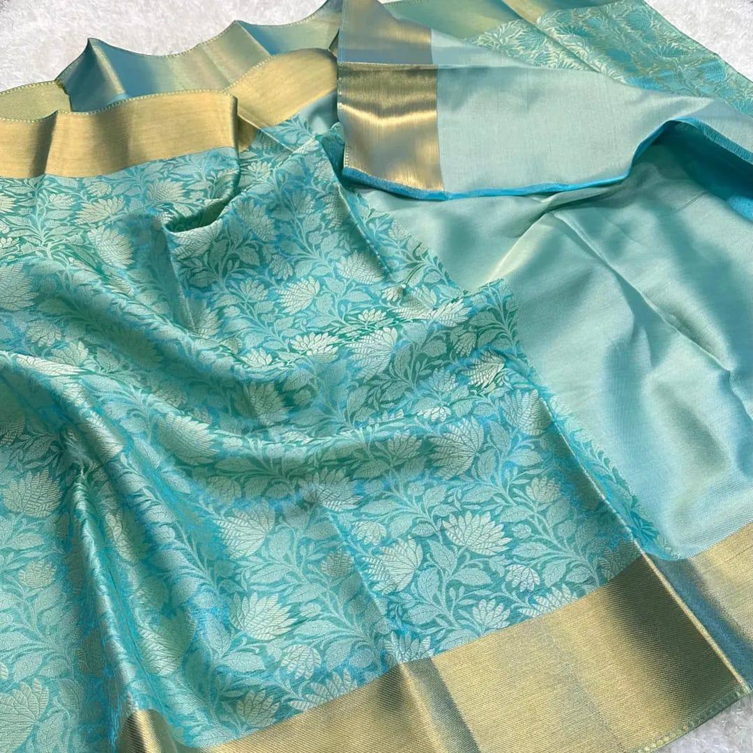 Sophisticated Firozi Kanjivaram Tissue Silk Saree With Scintillating Blouse Piece