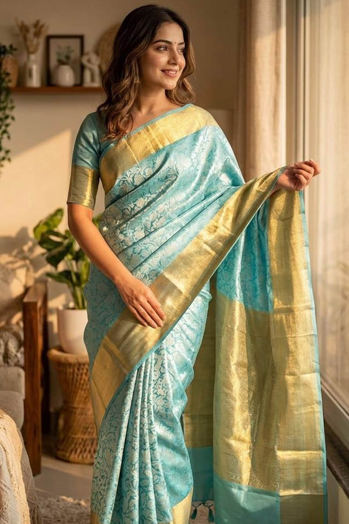 Sophisticated Firozi Kanjivaram Tissue Silk Saree With Scintillating Blouse Piece